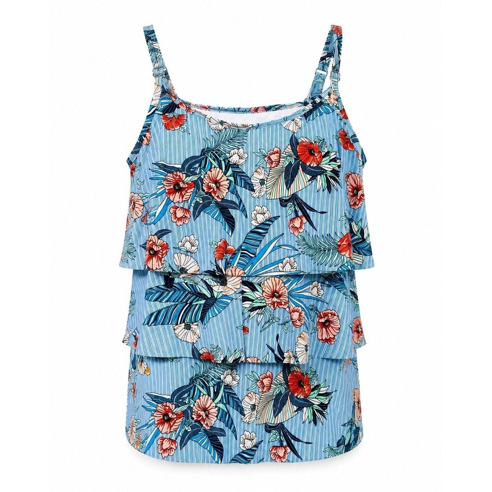 St. John’s Bay 24W Tropical Floral Tankini Swim Dress Blue Stripe Built In Bra